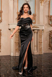 Sparkly nero fuori dalla spalla sirena corsetto lungo Prom Dress con fessura