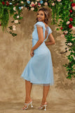 Sky Blue A Line V Neck Tulle Abito da cocktail