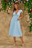 Sky Blue A Line V Neck Tulle Abito da cocktail