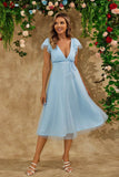 Sky Blue A Line V Neck Tulle Abito da cocktail