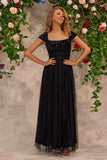 Sparkly Beading nero scollo quadrato Prom Dress con fessura