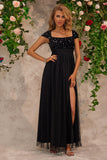 Sparkly Beading nero scollo quadrato Prom Dress con fessura