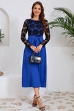 Royal Blue Sheath Lace Top Maniche Lunghe Abito Da Partito Lungo con Fusciacca