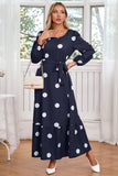 Navy Scoop Neck Polka Dots Abito da cocktail lungo con fusciacca