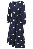 Navy Scoop Neck Polka Dots Abito da cocktail lungo con fusciacca