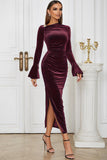 Pavone Blu Mermaid Velluto Maniche Lunghe Prom Dress con Spacco