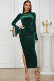 Pavone Blu Mermaid Velluto Maniche Lunghe Prom Dress con Spacco
