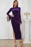 Pavone Blu Mermaid Velluto Maniche Lunghe Prom Dress con Spacco