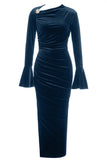 Pavone Blu Mermaid Velluto Maniche Lunghe Prom Dress con Spacco