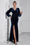 Maniche a sbuffo Blu scuro increspato lungo velluto Prom Dress con fessura