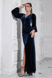 Maniche a sbuffo Blu scuro increspato lungo velluto Prom Dress con fessura