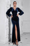 Maniche a sbuffo Blu scuro increspato lungo velluto Prom Dress con fessura