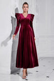 A Line V Neck Borgogna arruffato lungo velluto Prom Dress