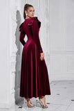 A Line V Neck Borgogna arruffato lungo velluto Prom Dress
