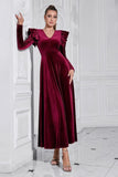 A Line V Neck Borgogna arruffato lungo velluto Prom Dress