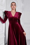 A Line V Neck Borgogna arruffato lungo velluto Prom Dress