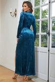 Blu Collo Alto Maniche Lunghe Velluto Prom Dress