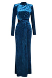 Blu Collo Alto Maniche Lunghe Velluto Prom Dress