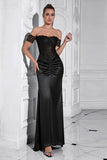 Sirena nera fuori dalla spalla increspato corsetto lungo Prom Dress