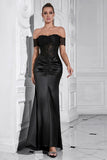 Sirena nera fuori dalla spalla increspato corsetto lungo Prom Dress