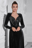 Sparkly A Line Velvet Abito lungo da ballo con maniche lunghe
