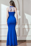 Sparkly Royal Blue Mermaid Halter Neck Beaded Abito da ballo lungo con fessura
