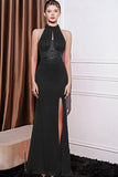 Sparkly Royal Blue Mermaid Halter Neck Beaded Abito da ballo lungo con fessura
