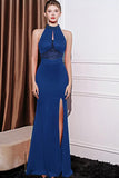 Sparkly Royal Blue Mermaid Halter Neck Beaded Abito da ballo lungo con fessura