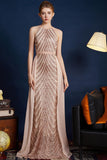 Golden Glitter A Line Spaghetti Straps Beaded Abito da ballo lungo
