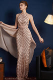 Golden Glitter A Line Spaghetti Straps Beaded Abito da ballo lungo