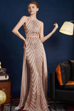Golden Glitter A Line Spaghetti Straps Beaded Abito da ballo lungo