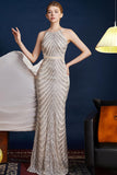 Golden Glitter A Line Spaghetti Straps Beaded Abito da ballo lungo