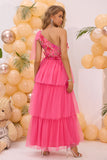 Fucsia una spalla una linea a strati tulle abito da ballo lungo