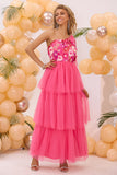 Fucsia una spalla una linea a strati tulle abito da ballo lungo