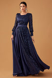 Glitter paillettes Navy A Line Abito da ballo lungo con maniche lunghe