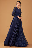 Glitter paillettes Navy A Line Abito da ballo lungo con maniche lunghe