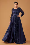 Glitter paillettes Navy A Line Abito da ballo lungo con maniche lunghe