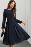 Navy A Line Round Neck Abito da ballo lungo con maniche lunghe