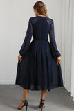 Navy A Line Round Neck Abito da ballo lungo con maniche lunghe