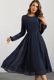 Navy A Line Round Neck Abito da ballo lungo con maniche lunghe