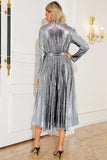 Argento A Line plissettato lungo Prom Dress con maniche lunghe