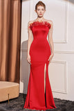 Sirena senza spalline Borgogna Prom Dress con piume