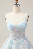 Scintillante azzurro una linea di spaghetti corsetto corsetto lungo Abiti Da Cocktail