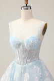 Scintillante azzurro una linea di spaghetti corsetto corsetto lungo Abiti Da Cocktail