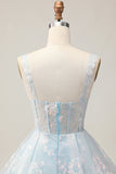 Scintillante azzurro una linea di spaghetti corsetto corsetto lungo Abiti Da Cocktail