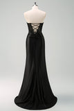 Nero senza spalline sirena increspato corsetto lungo Prom Dress