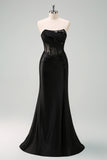 Nero senza spalline sirena increspato corsetto lungo Prom Dress