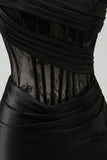 Nero senza spalline sirena increspato corsetto lungo Prom Dress