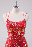 Glitter rosso Spaghetti Straps paillettes aderente Abito corto Da Cocktail