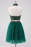 Sparkly A-Line Verde scuro Halter abito corto ritorno a casa con paillettes